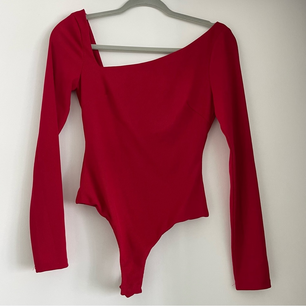 Astr Red Asymmetric Long-Sleeve Bodysuit
